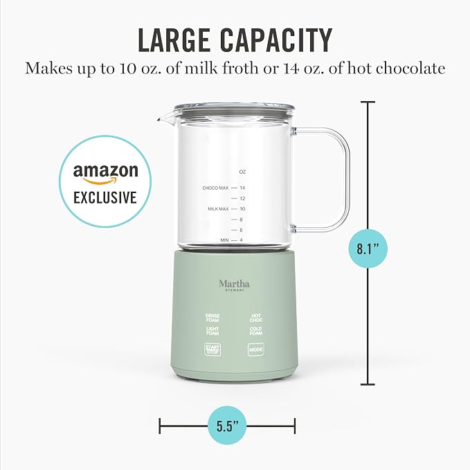 Martha Stewart 10oz Milk Frother & Steamer, 4 Presets, 300ml Glass Pitcher | Light, Dense, Cold Foam & Hot Chocolate, Ready in 90 Seconds, Cordless Pouring, Runs Quiet, Almond, Soy & Oat Milk, Honeydew