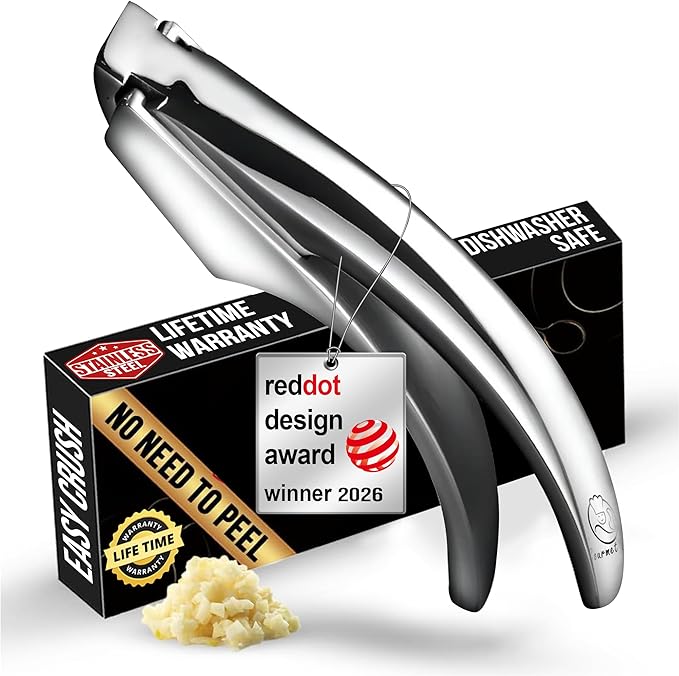 Gourmet Easy Lifetime Replacement Garlic Press, No Need to Peel, Fine Mince | Detachable Design for Easy Cleaning, Ergonomic Handle for Effortless Press, Stainless Steel Rust-Resistant, Dishwasher Safe