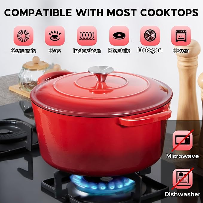 Onader 7QT Enameled Cast Iron Dutch Oven with Lid for Bread Baking, Round Dutch Oven Pot, Heavy Duty - Red