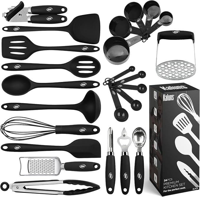Kaluns Silicone Kitchen Utensils Set 24 Pcs Silicone Cooking Utensils Set - Can Opener, Masher, Turner, Spatula 446°F Heat Resistant Non-Stick - Premium Utensil Set