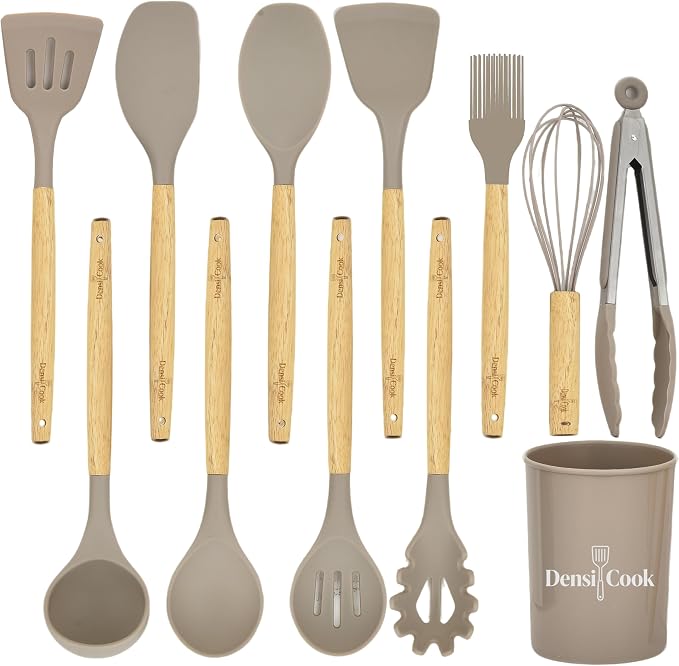 Silicone Utensils Set for Cooking - 12 Piece Set&BPA Free（Khaki） | Heat resistance: 446°F、dishwasher safe、non-toxic / BPA free、for nonstick cookware & baking