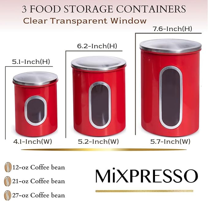 Mixpresso 3-Pcs Red Canisters Set for Kitchen Storage Airtight Jars | See-through window, coffee container, tea organizer, sugar canister, 3 nesting sizes, counter decor, easy press-on lids
