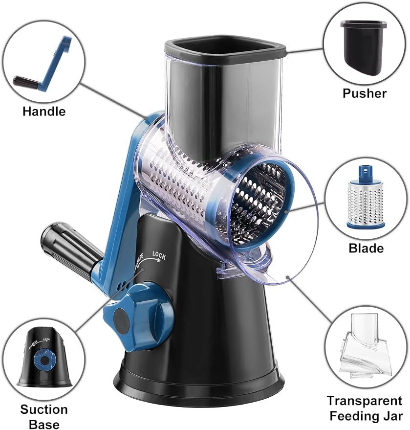 GDL Cheese Grater Hand Crank, Rotary Cheese shredder, Vegetable Slicer | 3 Stainless Steel Blades, 12x Fast Cutting, Non-slip Suction Base, No BPA, Dishwasher Safe, Easy Use for Cheese, Veggies, Nut