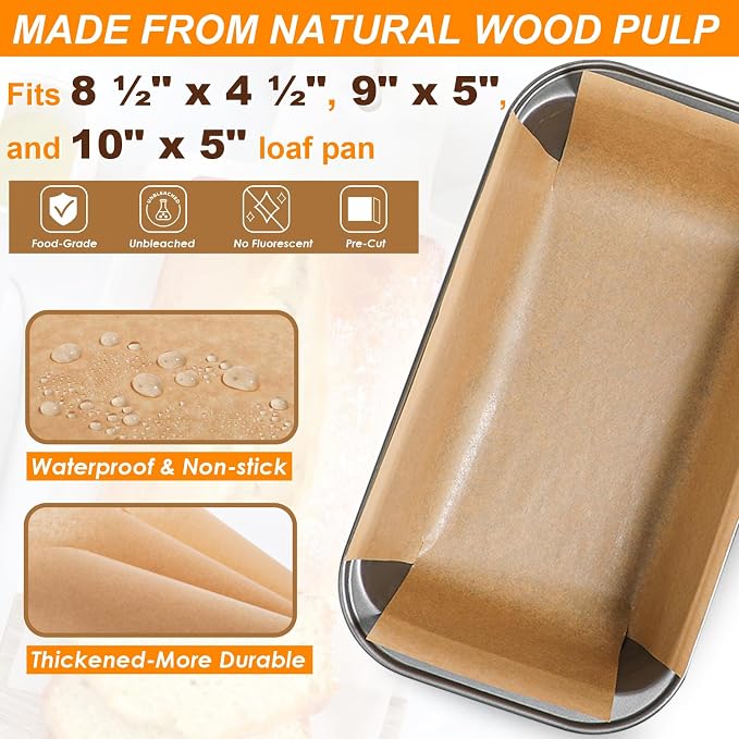 Webake 200Pcs Unbleached Parchment Paper Loaf Pan Liners for Baking Bread 9x5, 1lb 1.5lb 2lb, Original Precut, Non Toxic Baking Paper