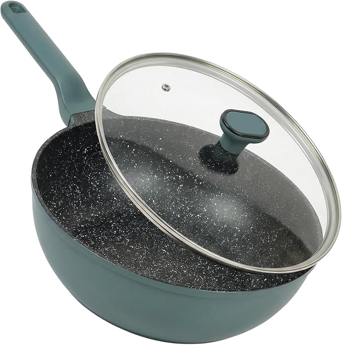 Ravelo Nonstick Wok Pan with Glass Lid, 11.8in Die Cast Stir Fry Pan | Deep ceramic-coated wok with glass lid, soft-touch handle, and induction-ready base for stir fry and everyday cooking.
