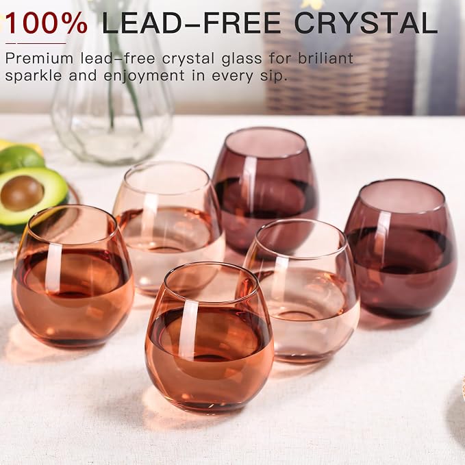 Venus Stemless Wine Glasses Set of 6-15 oz -Modern Hand-Blown Wine Glasses, European Design Crystal Glass For Red & White Wine, Unique Gifts for Wedding, Birthday (Venus)