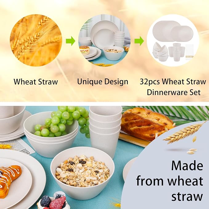 32Pcs Reusable Cream Wheat Straw Dinnerware Plates and Bowls Sets | Unbreakable dishes set for 8 includes plates, bowls, cups, and napkins. Dishwasher safe for daily or outdoor use.