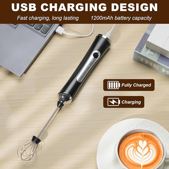Handheld Electric Milk Frother with 2 Heads, Coffee Whisk Foam Mixer with USB Rechargeable 3 Speeds, Foam Maker Blender for Latte, Cappuccino, Hot Chocolate, Egg (Type 7)