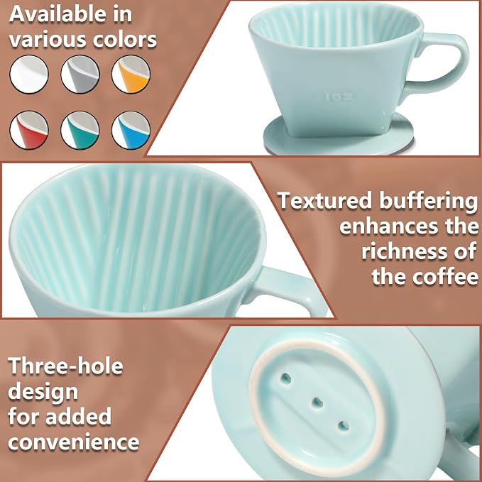 Pour Over Ceramic, Coffee Dripper Ceramic Coffee Maker,Green | 3 Holes Flat Bottom, Porcelain Slow Filter Cone for Travel, Camping, Office, Home, Coffee Maker Brew