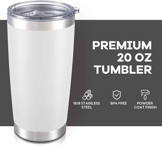 20 oz Tumbler with Lid Stainless Steel Insulated Tumblers Bulk Cups Mug | Double Wall Vacuum, Powder Coated, Keep Drinks Cold and Hot, Waterproof Lid, Fit of Car Cup Holders, White, 8 Pack