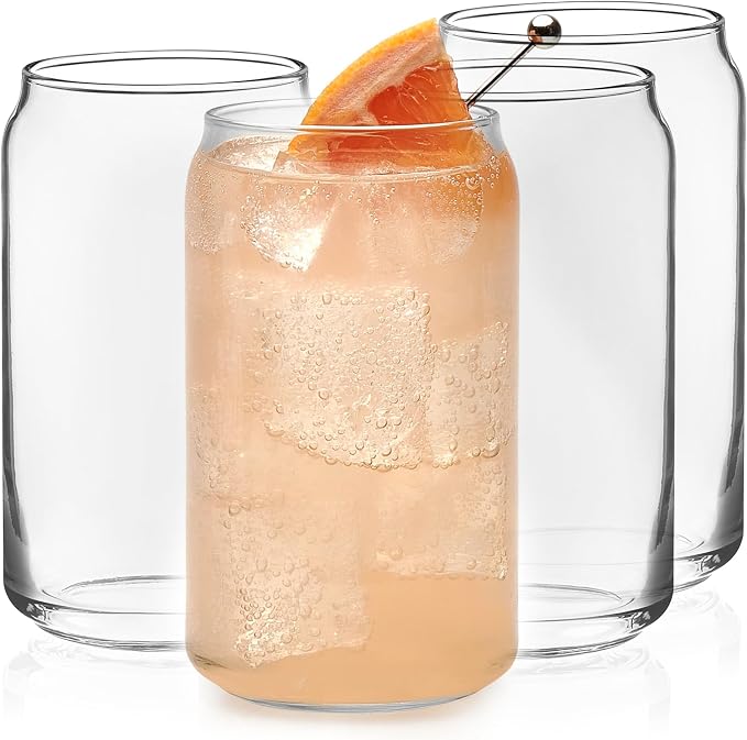 Libbey Classic Can Shaped Drinking Glasses Set of 4, Clear Kitchen Glass Tumbler, 16 Oz, Dishwasher Safe Glass Cups Set for Beverages and Cocktails