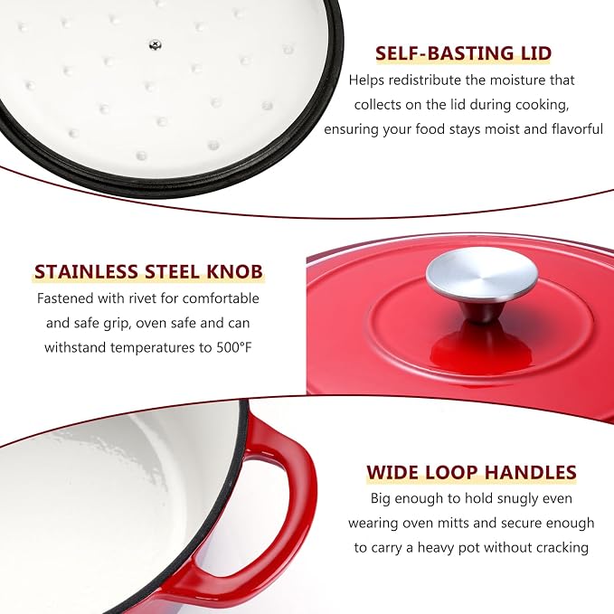 3 Qt Enameled Cast Iron Dutch Oven with Lid, E-far Small Round Nonstick Dutch Oven Pot for Bread Baking Braising Stews Roasting Cooking, Heavy Duty, Induction & Oven Safe - Red