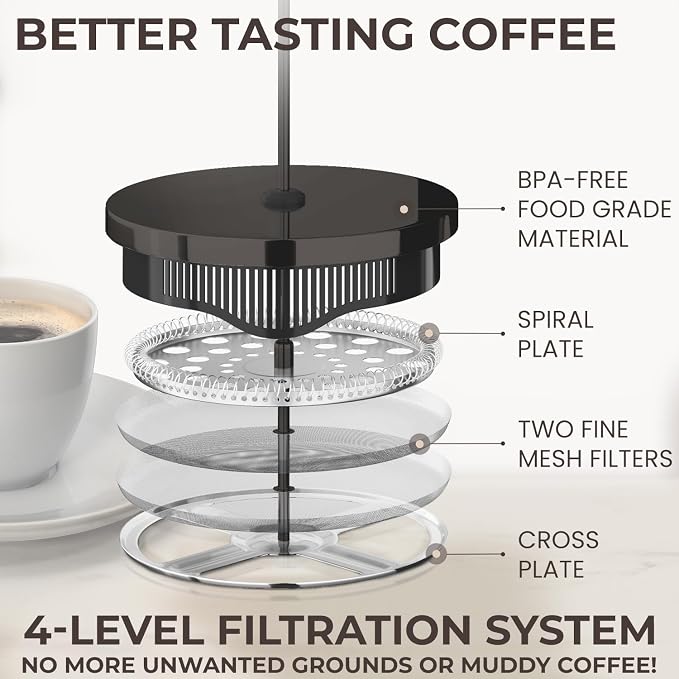 Cafe Du Chateau Stainless Steel French Press Coffee Maker 34 oz - Easy to Use Insulated Coffee Press with 4-Level Filtration, Manual Brewer for Tea, Camping & Travel with BPA Free, Durable Clear Glass