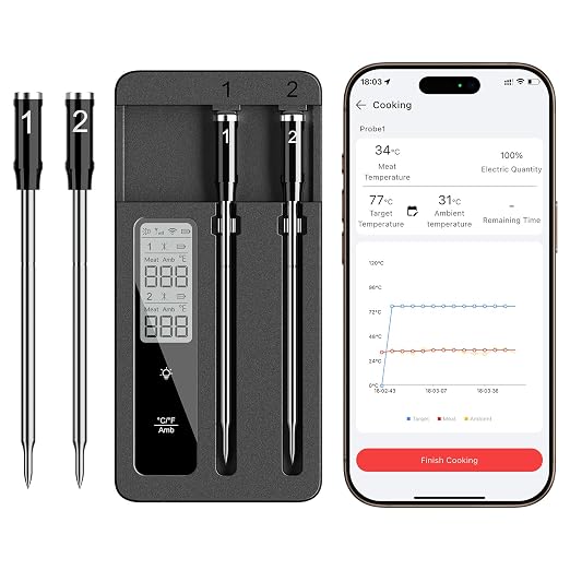 Smart Wireless Meat Thermometer with Dual Probes, Bluetooth & WiFi Combo, Remote Monitoring & Smart Alerts for BBQ, Grill, Smoker, Oven, Air Fryer