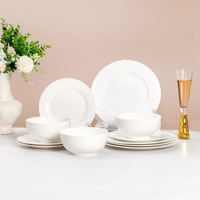 FHGNYSM Ivory Bone China Dinnerware Set for 4, | microwave and dishwasher safe, 1800°F vitrified dishes, BPA free dinnerware for Kitchen, Wedding and Housewarming