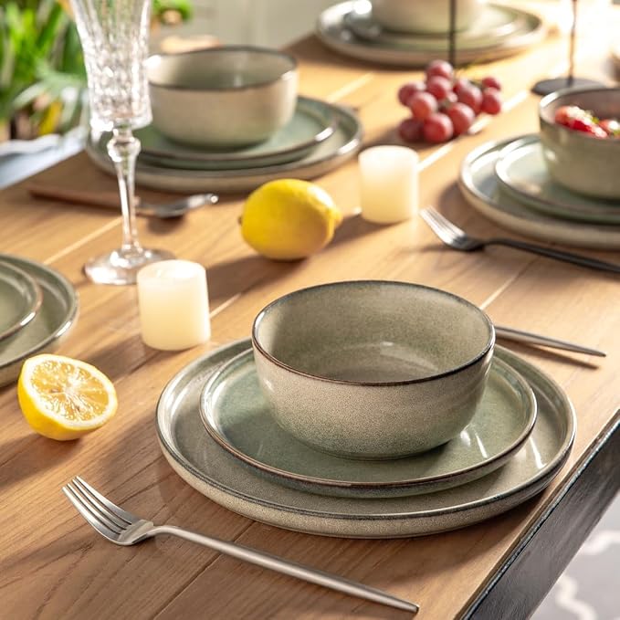 AmorArc Stoneware Dinnerware Sets for 8, 24Pcs Plates and Bowls Sets Dishes | Ceramic Round Reactive Glaze Dishes Set, Highly Scratch Resistant | Dishwasher & Microwave Safe Dishware