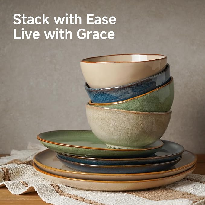 Stoneware Dinnerware Sets for 6, Reactive Glaze Plates and Bowls, Blue | 18-Piece Handcrafted Rustic Porcelain Dishes Set, Highly Scratch Resistant, Dishwasher & Microwave Safe