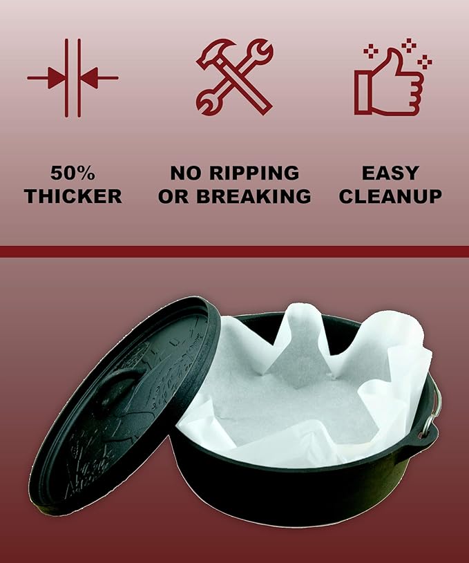 CampLiner Disposable Dutch Oven Liners – 20 Pack Extra-Thick Parchment Paper Rounds for 10”–14” Cast Iron Dutch Ovens | Eco-Friendly Easy Cleanup Liners for Camping, Sourdough Baking & Outdoor Cooking