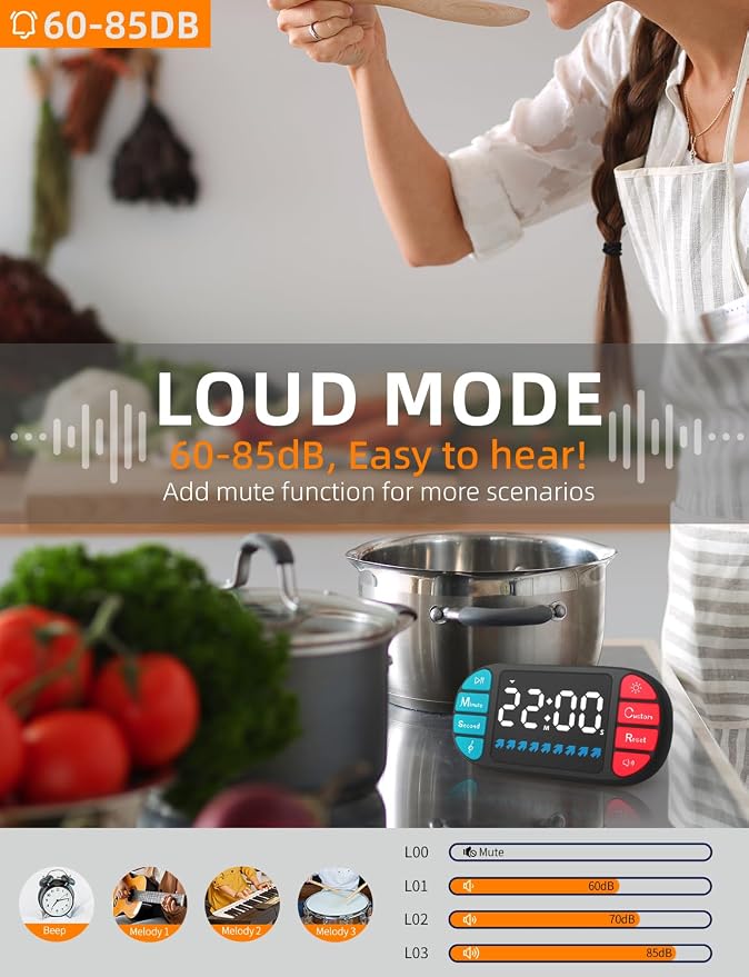 Digital Kitchen Visual Timer: 3.6'' Large LED Display, Magnetic, 3 Brightness, 4 Alarms and Volume, Memory Function, Countdown Count up for Cooking, Classroom, Home Gym, AAA Battery Included