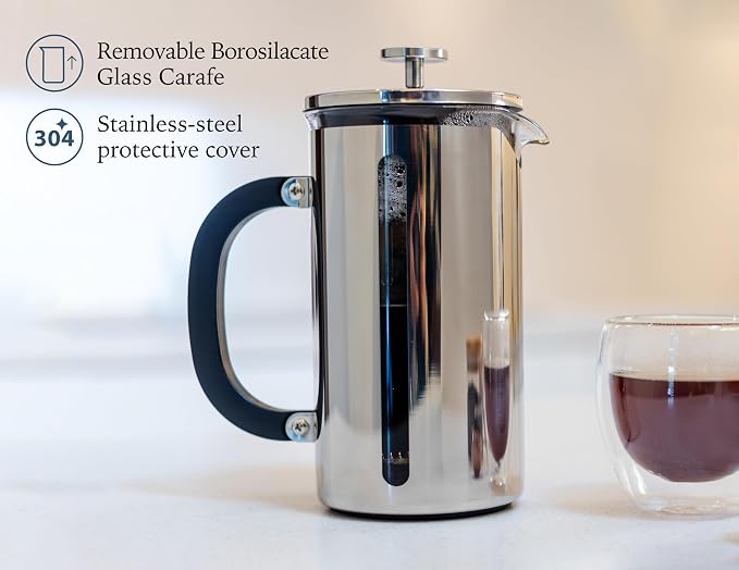 High Borosilicate Glass French Press Coffee Maker with 304 Stainless Steel, 1000 ml Capacity - Classic Elegance and Modern Design for Coffee Enthusiasts