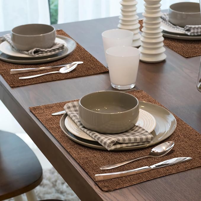 Faux Cotton Linen Placemats Set of 4, Cloth Washable Farmhouse Dining Table Mats for Indoors & Outdoors, Easy to Clean, Brown, 13 x 19 Inch
