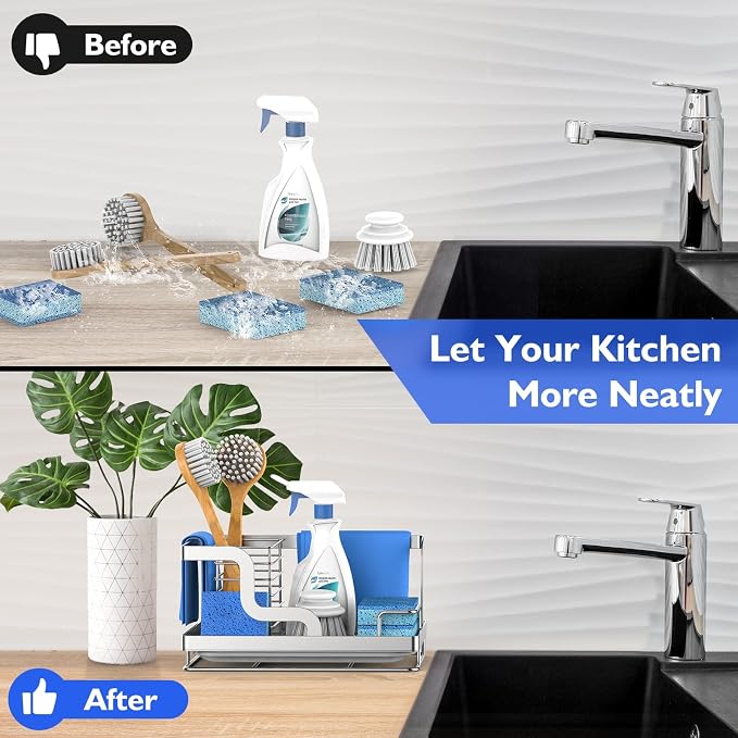 Sink Caddy Organizer, Stainless Steel Countertop Organizer, Sponge Holder with Removable Drain Pan for Sponge, Brush, Dishcloth, Dish Soap, Bottles (Silver)