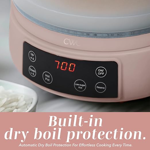 COOK WITH COLOR Glass Mini Low Carb Rice Cooker – Holds 2 Cups Raw/Makes 6 Cups Cooked with Auto Lift Filter Basket, Hotpot & Steamer for Rice, Grains, Digital Panel with Keep Warm, Dusty Rose