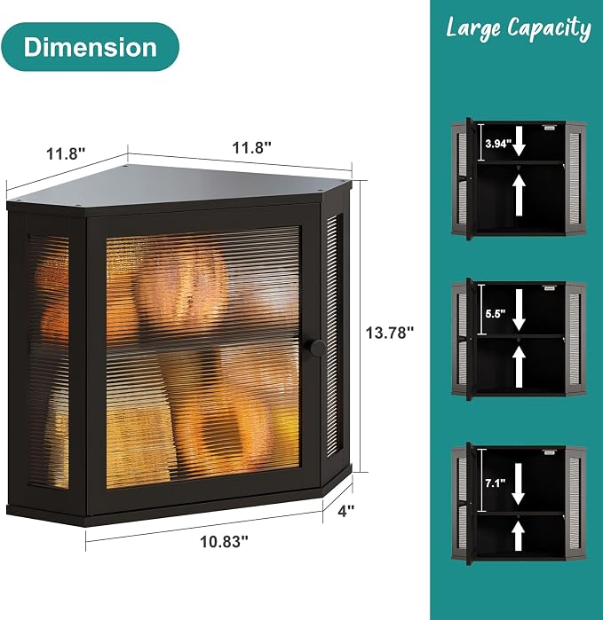 Corner Bread Box, Bamboo Bread Box for Kitchen Countertop, 2 Tier Wooden Bread Storage, Black