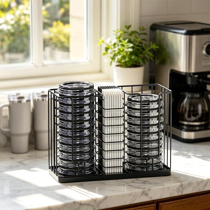 Coffee Cup and Lid Holder, All-Metal 3-Compartment Organizer Rack | 18oz Disposable Cup, Cup Lid and Straw Storage for Countertop, , Kitchen, Office Breakroom, Coffee Bar Accessories, Black