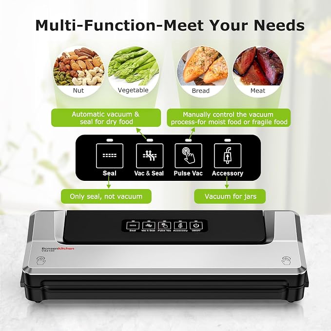 Bonsenkitchen Vacuum Sealer Machine, Multiple Modes For Meal Prep,Silver | Compact Vacuum Sealer for Kitchen Storage & Sous-Vide,External Vacuum System,6x Longer Freshness,5 Vacuum Bags