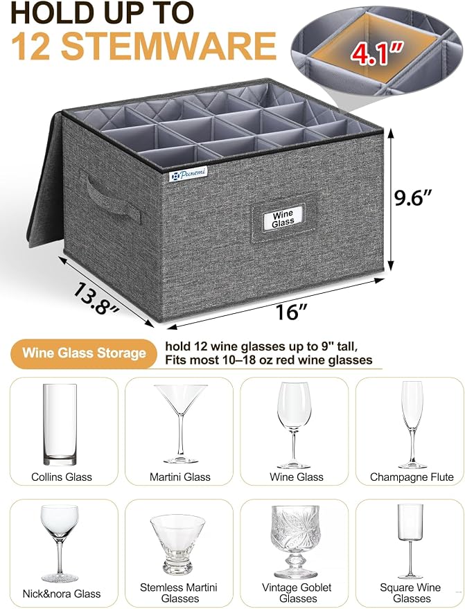 Wine Glass Storage Box for 24 Glasses, Hard Shell Stackable Moving Case | Hard shell side and bottom support with padded dividers for crystal glasses, stemware and drinkware; stackable for moving