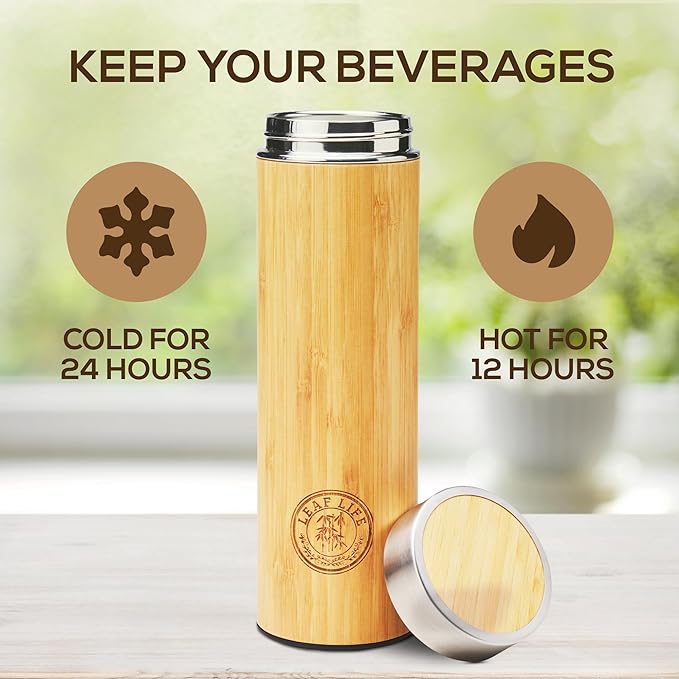 LeafLife Premium Bamboo Tea Tumbler with Infuser for Loose Leaf Tea | Insulated Coffee Bottle, Stainless Steel Gift Set, Leakproof Travel Mug, 17oz