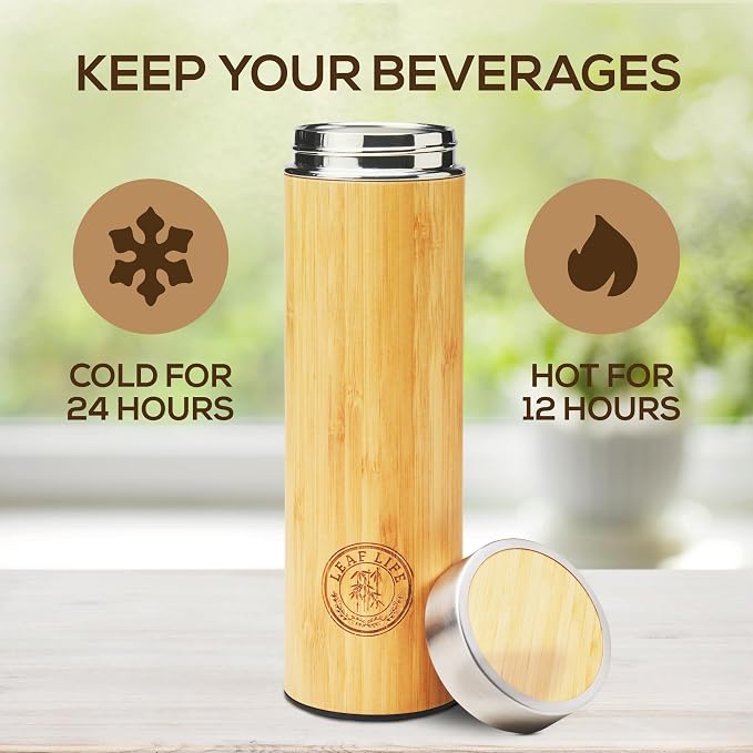 LeafLife Premium Bamboo Tea Tumbler with Infuser for Loose Leaf Tea | Insulated Coffee Bottle, Stainless Steel Gift Set, Leakproof Travel Mug, 22oz