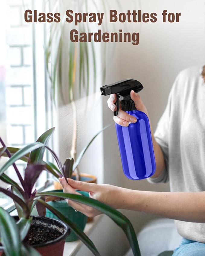 Bontip Glass Spray Bottle 8 oz for Cleaning, Plants (2 Pack, Blue) | Refillable spray bottle Set, BPA-free eco glass, With labels and funnel, Great for cleaners, plant misting, hair care