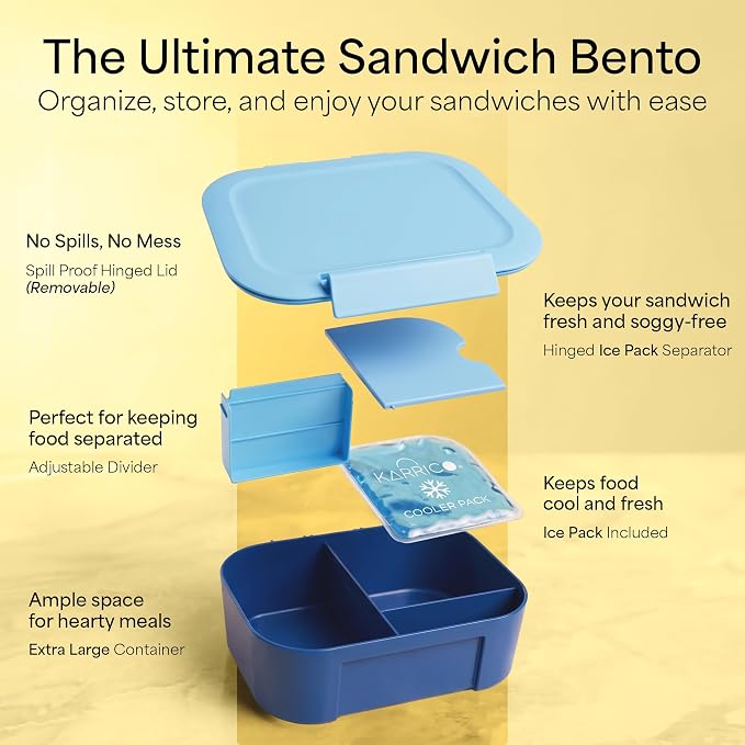 Leakproof Bento Lunch Box, 3-Compartment, Extra Large, Navy & Blue | 3-Compartment Design, Leakproof , Extra Large Capacity, Adjustable Divider, Includes Cooler Pack, Dishwasher Safe, Reusable