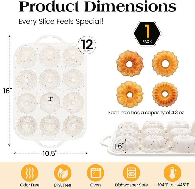 Vinino 3 Inch Mini Fluted Cake Pan, 1 Pack with Metal Frame | 4 Shapes 12 Cavity Mini Cake Mold for Flan, Jello, Pudding, Brownies & Desserts, Easy Release Silicone Design