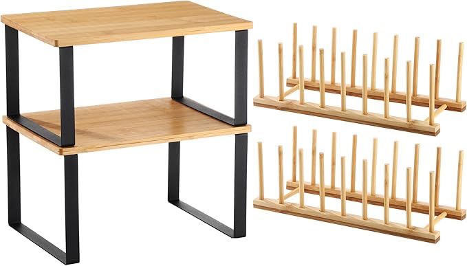 Marsui 4 Pcs Kitchen Organizer Accessories Set for Cabinet,Light Color | Cabinet Organizer Shelves, Bamboo Dish Drying Plate Rack, Wooden Counter Storage Holder, for Spice Dish Pot Lid Bowl Cup