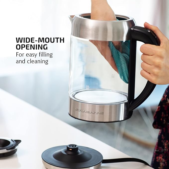 OVENTE 1.7L Glass Electric Kettle Water Boiler, Silver KG612S | 1500W Fast Boiling, Easy Fill Lid, Borosilicate Glass, Blue LED Light, BPA-Free, Auto Shut-Off, Boil-Dry Protection