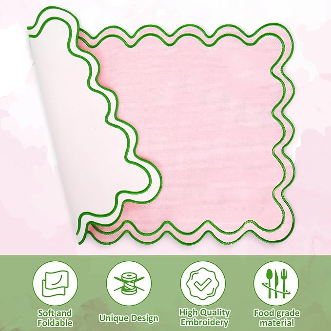 Whaline Pink Green Linen Placemats Embroidered Scalloped Kitchen Table Mats for Baby Shower Birthday Spring Party Home Dining Table Decor, Set of 6, 13 x 19 in
