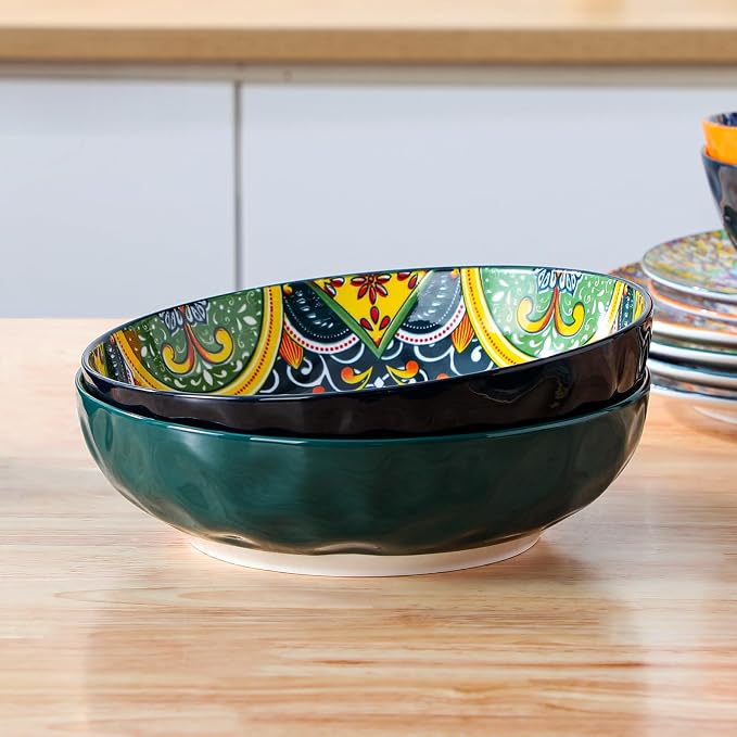 vancasso Large Serving Bowls,78 Oz Salad Bowls Set of 2, Green | Bohemian Decorative Bowls for Salad, Fruit, Pasta and Dinner, Serving Dishes Set for Party, Dishwasher & Microwave Safe