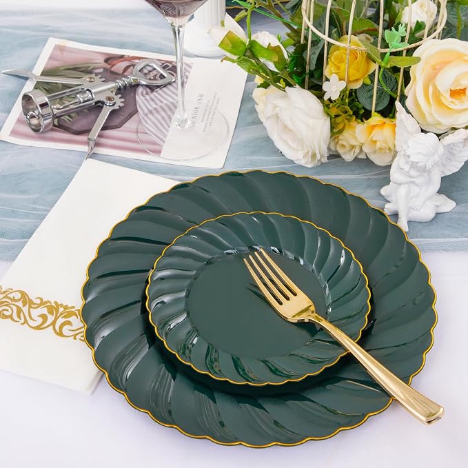 YOUBET 150PCS Emerald Green Plastic Plates for Party Wedding | Green and Gold Disposable Dinnerware Include 50 Plates, 25 Knives, 25 Forks, 25 Spoons, 25 Napkins Ideal