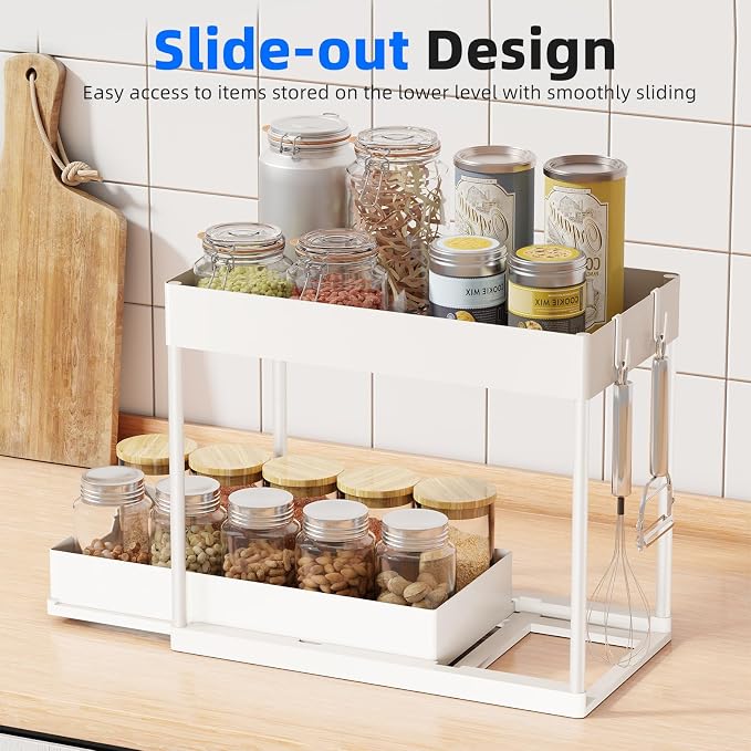 Simple Trending Under Sink Organizer 2 Pack, with Sliding Drawer, White | 2-Tier Multi-Use Under Shelf Organizer with Hooks, Sink Pull-Out Sliding Storage Cabinet for Kitchen Bathroom, Easy Assembly