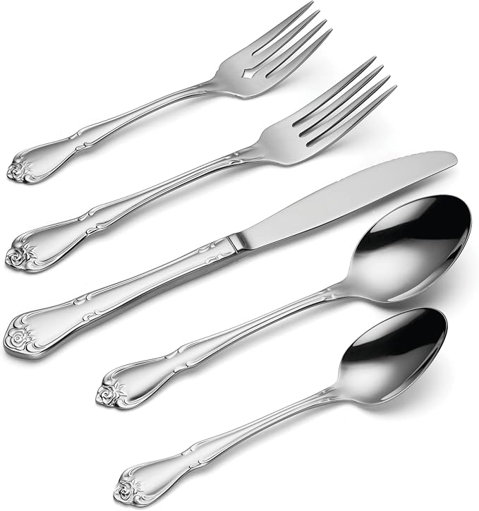 Oneida True Rose 20-Piece 18/0 Silverware Set for 4, Flatware | mirror finish, dishwasher safe | includes knives, forks, and spoons | heavy duty, cutlery set for kitchen and dining