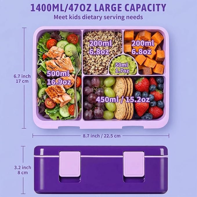 rockpapa Chill Bento Box for Kids- Large 5.5 Cups Lunch Box with Ice Pack - 5 Compartments, BPA-Free, Leak Proof, with Utensils & Portable Handle, Microwave/Dishwasher Safe (Purple Butterfly)