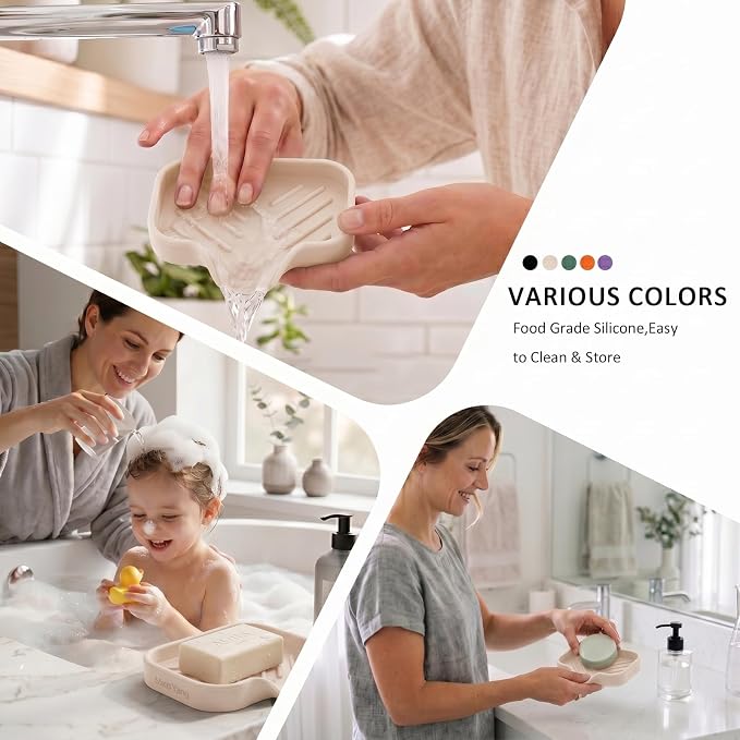 MicoYang Silicone Soap Dish with Drain Spout, Self-Draining Sink Organizer Tray for Bathroom and Kitchen, Sponges, Dispensers and Soap Holder, Non-Slip & Dishwasher Safe, Tapioca (Compact, 4.9"×3.2")