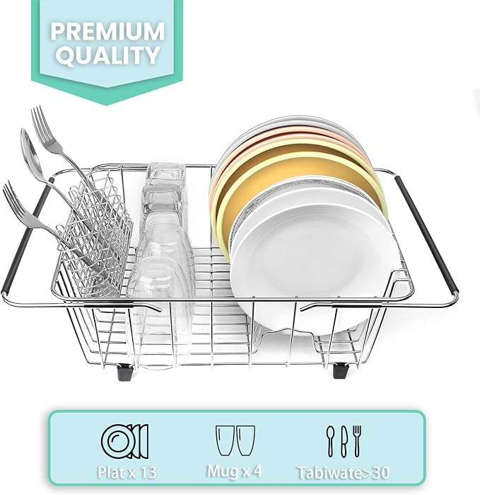 Sink Dish Drainer Rack, Expandable 304 Stainless Steel Drying Rack | Large Capacity Sink Dish Rack with Utensil Holder, Adjustable 15.35"-20.47", Fits Inside Sink, Holds Up to 13 Utensils