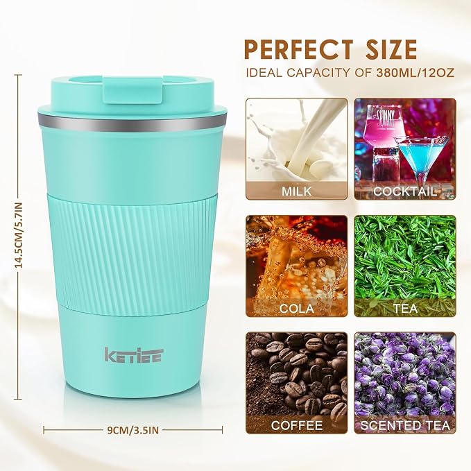 KETIEE Travel Mug 12oz: Vacuum Insulated Coffee Mug with Leakproof Lid, Travel Coffee Mug, Stainless Steel Double Walled Reusable Coffee Cup for Hot and Iced Coffee Tea Water (Blue) | Travel Coffee Mug, Stainless Steel Double Walled Reusable Coffee Cup...