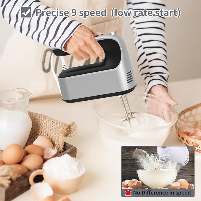 Yomelo 9-Speed Digital Hand Mixer Electric, 400W Powerful DC Motor, Hand Mixer Electric Handheld with Snap-On Storage Case, 5 Stainless Steel Accessories, Beaters, Dough Hooks, Whisk(Silvery Black)