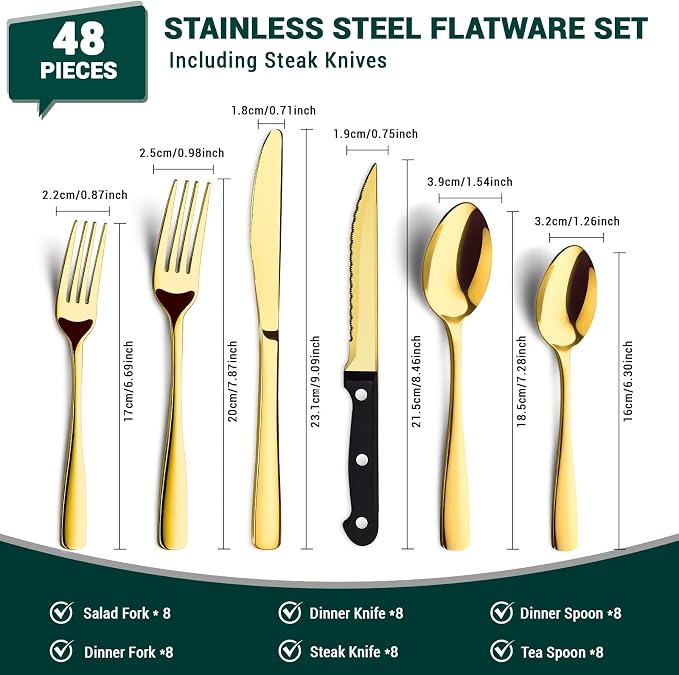 BEWOS 48-Pieces Gold Silverware Set for 8 - Stainless Steel Flatware Set with Mirror Polish, Silverware Sets Including Steak Knives, Forks and Spoons, Dishwasher Safe for Restaurant