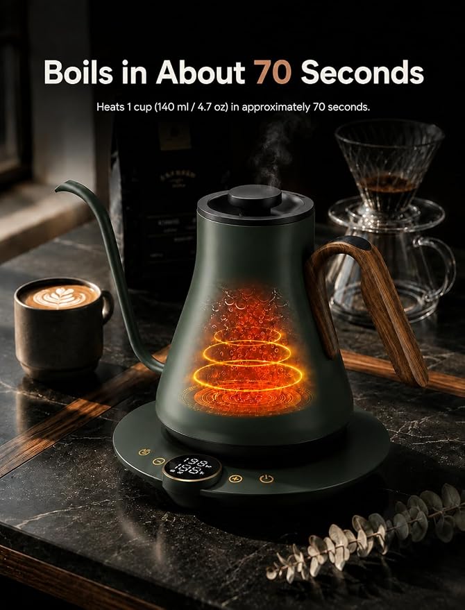 Cocinare Gooseneck Electric Kettle, ±1°F Precise Temperature Control, 1500W Fast Heating, Pour Over Coffee & Tea Kettle with Brew Timer & Keep Warm, Stainless Steel, 0.9L (Delacroix Green)